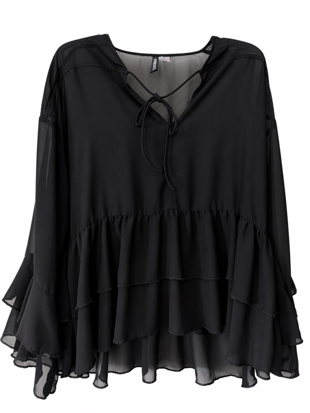 Divided Black Sheer Tiered Ruffle Tie-Front Blouse size L
